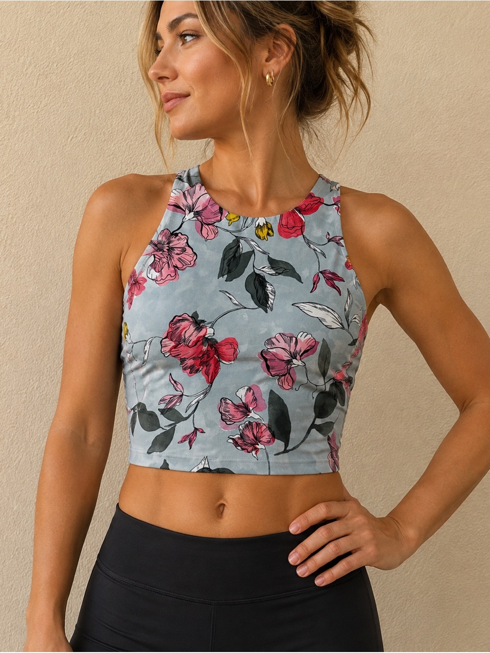 Athleta Gray Pink Floral Conscious Crop XXS Bra Top Yoga Athletic Running